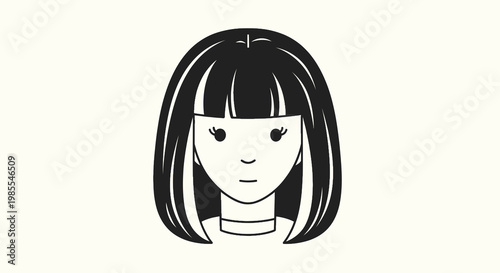 Stylized bob haircut illustration of a young woman with black hair and bangs; cute cartoon face outlined vector graphic with simple neck detail
