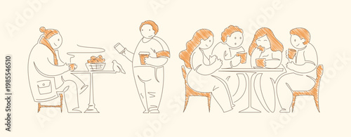 Three coffee scenes featuring person in warm jacket drinking coffee person using smartphone for mobile order and group of four friends socializing at table Line art vector illustration