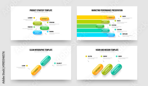 Visual Profile Four Five Two Three Element Diagram Slide Template Vector Illustration Set. Service Solution 4 5 2 3 Option Infographic Slideshow Layout Bundle.