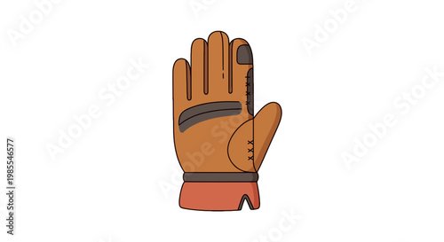 Cartoon illustration of a brown baseball glove with red wrist support detailed stitching and dark outlines on a white background