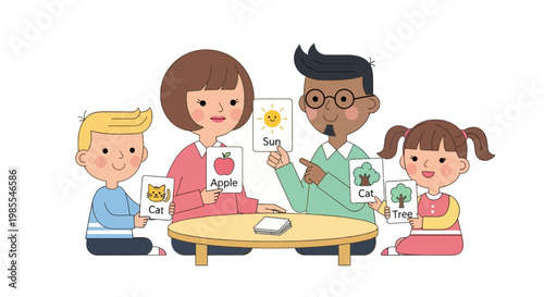 Cartoon family playing card games at table illustration in pastel colors; parents teaching children with picture cards educational pastime