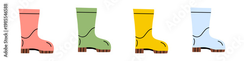 Vector collection of bright rain rubber boots in four color, minimalist doodle flat style. Farming shoe graphic, playful weather clipart for kids, spring sticker design. Cute garden footwear set.