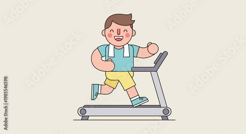 Cartoon man jogging on a treadmill in a vector illustration style; treadmill workout; light skinned character exercising indoors; simple design