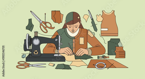 Dressmaker sewing fabric with a needle next to a vintage sewing machine in a crafting studio with sewing patterns and tools