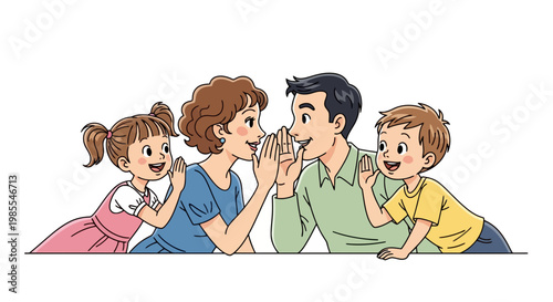 Cheerful cartoon family whispering secrets: mom tells dad a secret while kids listen in depicted in vibrant vector style