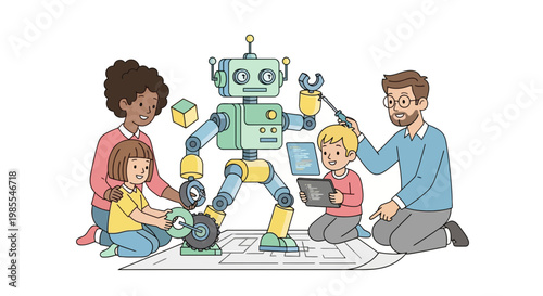 Family constructing a robot together illustration in cartoon style showcasing teamwork education and early tech skills learning concept