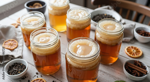 Jarred beverages with foam and spices on wooden table  