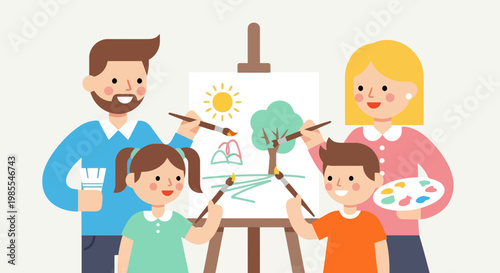 Family enjoying art project painting a tree sun and book on canvas in colorful flat vector illustration style