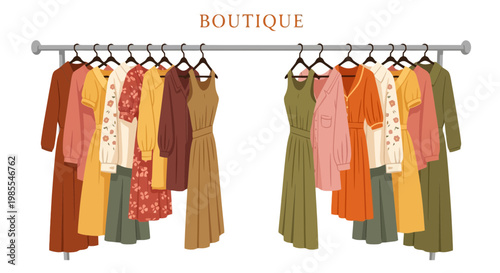 Elegant boutique display of dresses on hangers showcases a vibrant wardrobe with a vintage fashion style and a soft warm color palette