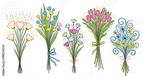 A vibrant collection of five distinct floral bouquets, each artfully arranged with a variety of colorful blossoms and delicate stems, presented against a clean white background