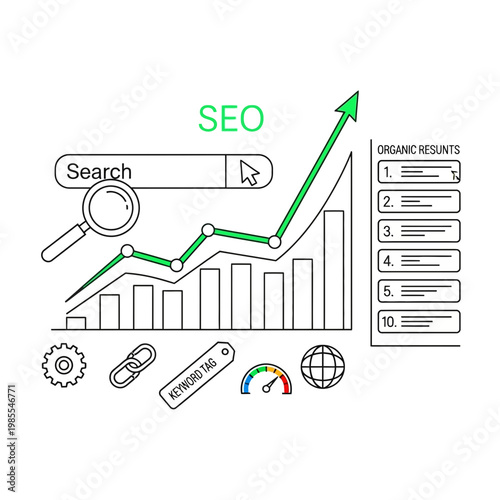 seo optimization line art with search bar and growing graph