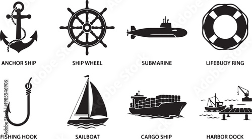 Nautical icons, marine symbols, ship and boat graphics, anchor, wheel, lifebuoy