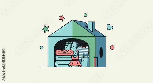 Illustration of house filled with folded laundry and clothing on hangers vector design with simple outlines and pastel colors