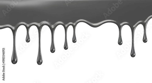 Smooth, dark liquid flows and drips downwards, forming elegant, reflective droplets against a pristine white backdrop, symbolizing movement and a sleek, modern texture