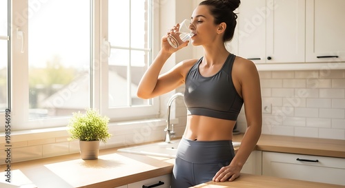 Fit Athletic Woman Hydrating with a Glass of Water in Modern Kitchen