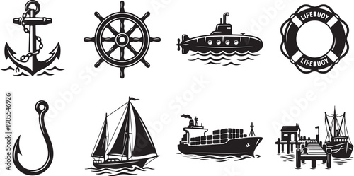 Nautical icons, marine symbols, boat signs, sailing graphics, vector set