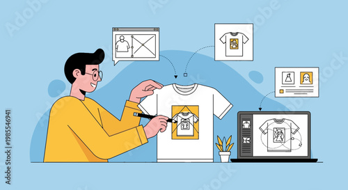 Man designing custom t-shirt with graphic tablet and computer; modern vector style illustration on light blue background captures creativity