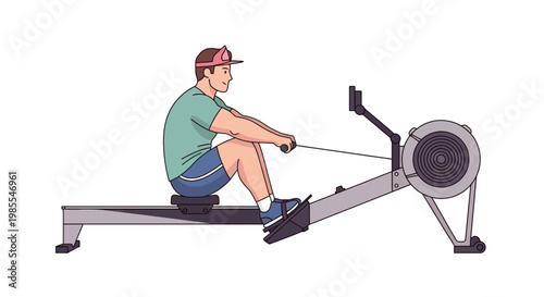 Man using rowing machine for indoor cardio workout in fitness center; exercise machine vector illustration; healthy lifestyle concept