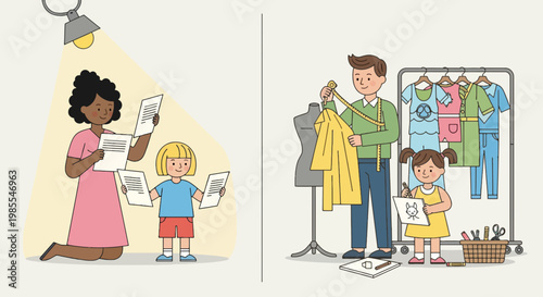Mother and child reviewing documents under lamp light; father and daughter drawing fashion designs in a studio cartoon style illustration