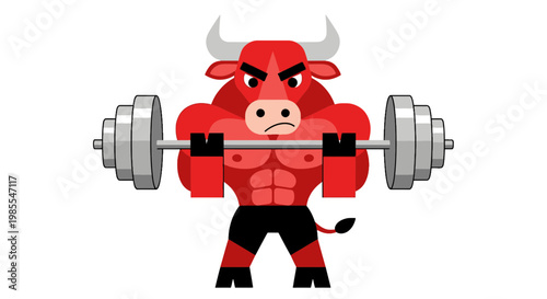 Red muscular bull lifting heavy barbell weights in geometric vector illustration for gym fitness and strength training design