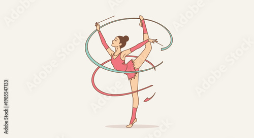 Rhythmic gymnast performing ribbon dance in balance pose modern vector illustration style in pink and teal tones on light background