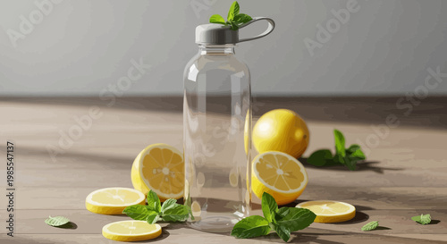 Refreshing detox water bottle with lemon slices and fresh mint leaves on rustic wooden surface in cartoon style vibrant color illustration