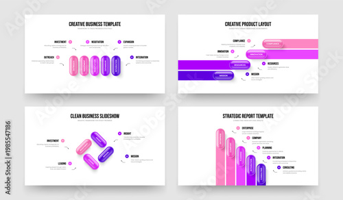 Investor Solution Five Four Option Infographic Presentation Template Vector Illustration Bundle. Modern Briefing 5 4 Element Diagram Slideshow Design Collection.