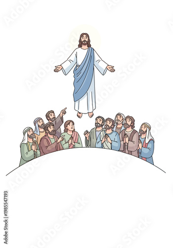 Jesus Christ standing over crowd.