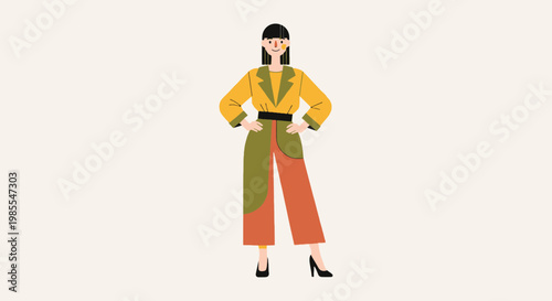 Bild auf Leinwand Stylish woman in yellow blazer and colorful pants confidently posing with hands