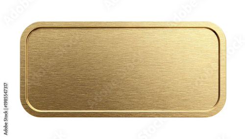 Close-up view of a rectangular, gold-colored sign with rounded corners, on a black backdrop