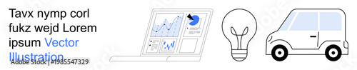 Data analysis, innovation, mobility, modern technology, transportation, creativity. Laptop screen with charts, light bulb car icon in minimalist style. Data analysis and innovation