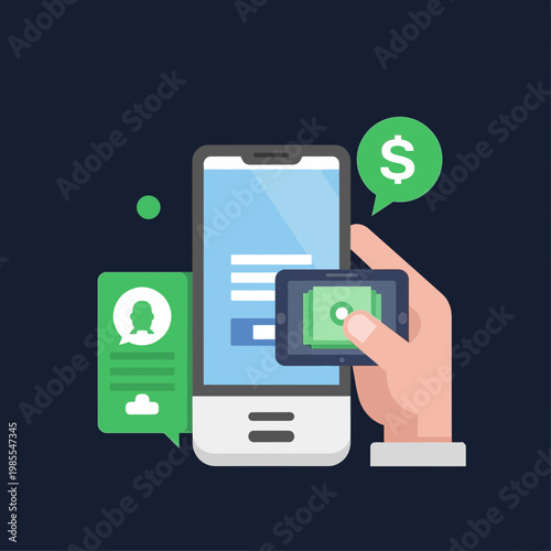 Hand holding smartphone with digital payment confirmation and cash icons
