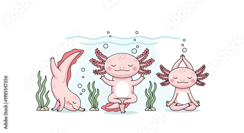 Three cute pink axolotls practicing yoga underwater with seaweed and bubbles in a cartoon style illustration; whimsical and calming