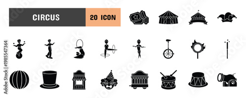 20 Circus Glyph Icon Illustration Set