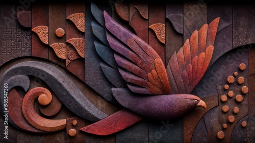 Wood carved bird in abstract style with warm earthy tones decorative panel