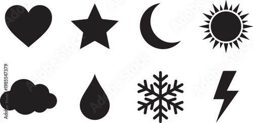 Weather icons, symbols set, black silhouette style, climate forecast graphics, 8 elements