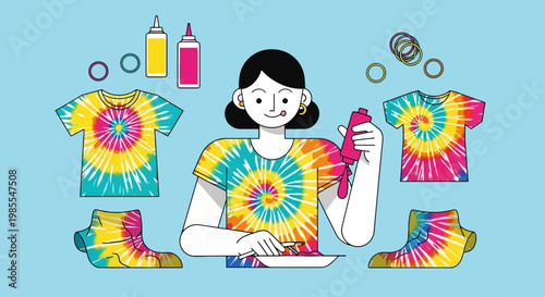 Woman tie dyeing clothing in a spiral pattern design for shirts and socks with colorful dyes crafting homemade fashion vector illustration
