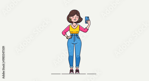 Woman taking a selfie with smartphone in yellow top and jeans with cartoon illustration style isolated on white background; full length view
