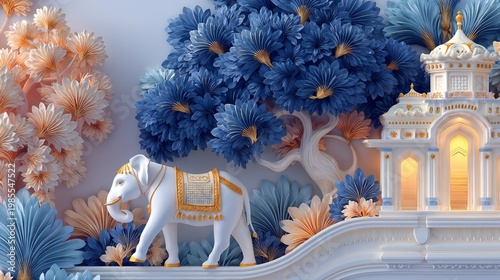 White elephant regal carrying ornate saddle near miniature temple among oversized paper flowers