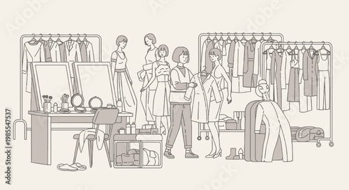 Women prepare for runway fashion show wardrobe makeup dressing room scene fashion backstage illustration style dressing up concept