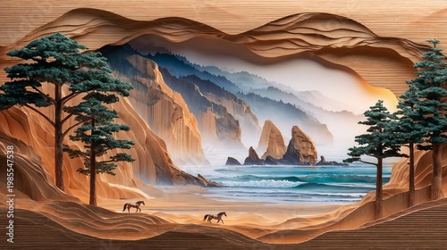 Layered paper style coastal landscape in earthy tones, serene nature scene