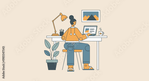 Woman working on laptop computer at desk with lamp and coffee cup in modern illustration style; work from home setup