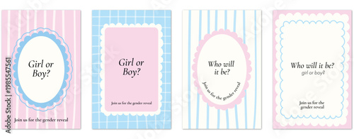 Gender reveal invitation cards set with frames and striped backgrounds, pink and blue templates for baby shower invites, print and social media