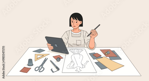 Young woman crafting clothing design with digital tablet fashion sketching and fabric swatches on table in studio vector illustration