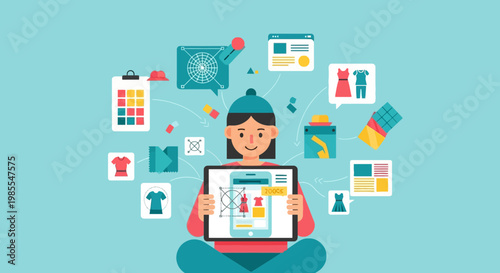 Young woman designer using tablet for online fashion design app surrounded by graphic design elements on blue background