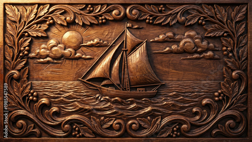 Ornate wooden sailboat carving in dark tones, vintage nautical decoration