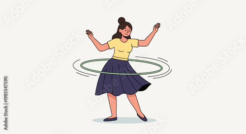 Young woman spinning a hula hoop wearing a yellow top and blue skirt in a cheerful cartoon style illustration; fitness and fun