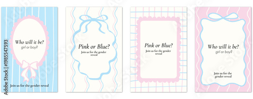 Gender reveal invitation cards set with bows and decorative frames, pink blue templates for baby shower invites, print, social media and party
