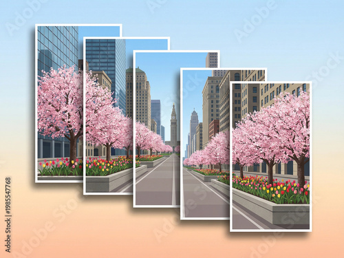 Cherry blossom trees and tulips peaceful representing spring along city street