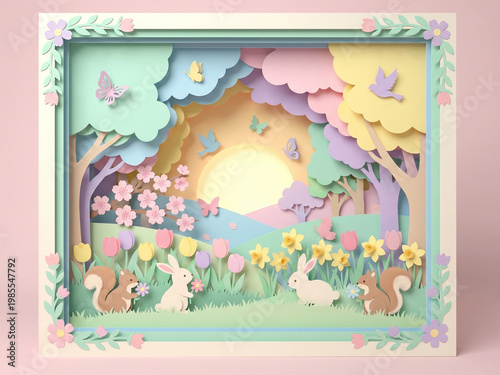 Papercraft spring scene pastel illustration with stylized animals and floral motifs